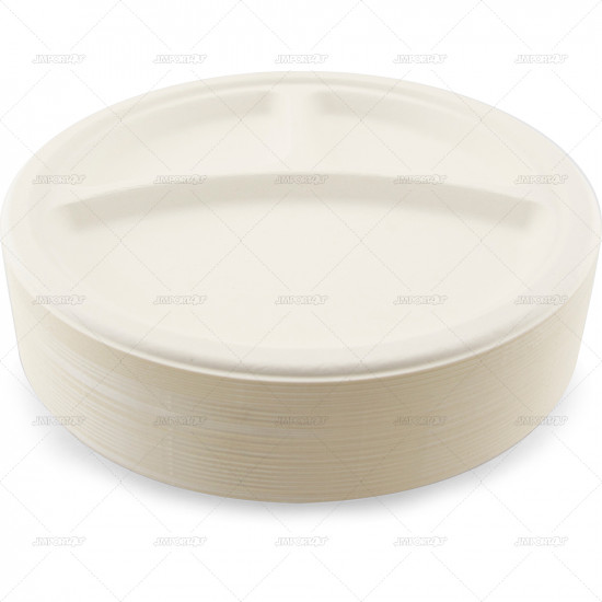 Plates Bagasse White 26cm 3 Compartment 50pc/10 PLATES & BOWLS image