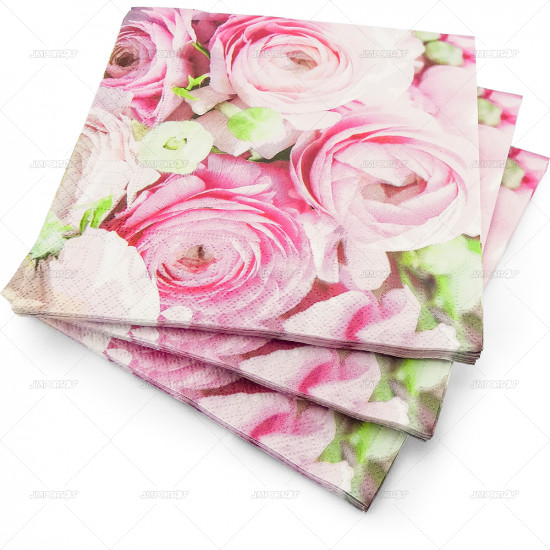 Napkins Design 3Ply Pink Roses & Green Leaf 33cm 20pc/12 PATTERNED NAPKINS image